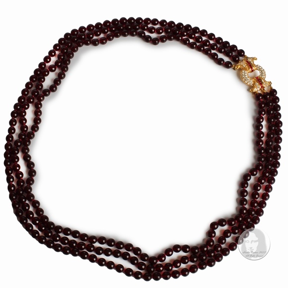 Nolan Miller Necklace Multistrand Red Glass Beads Rhinestones Clasp Vintage 80s